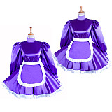 Lockable Sissy Maid Purple Satin Dress with White Apron for Crossdressing [G1552]