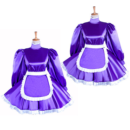Lockable Sissy Maid Purple Satin Dress with White Apron for Crossdressing [G1552]