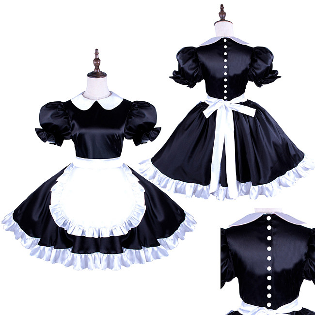 Sissy Maid Black Satin Dress with White Apron for Crossdressing [G1491]