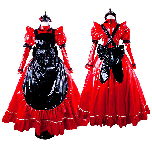 Handmade Sissy Maid Crossdressing Lockable Thin PVC Long Red and Black Dress Costume [G1563]