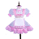 Lockable Sissy Maid Clear PVC Dress with Pink Lace and White Apron for Crossdressing [G1502]