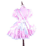 Lockable Sissy Maid Pink Cotton Gingham Dress with White Satin Apron for Crossdressing [G1490]