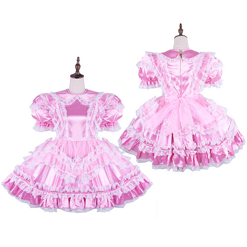 Handmade Sissy Maid Crossdressing Lockable Satin Pink Dress Costume [G1580]