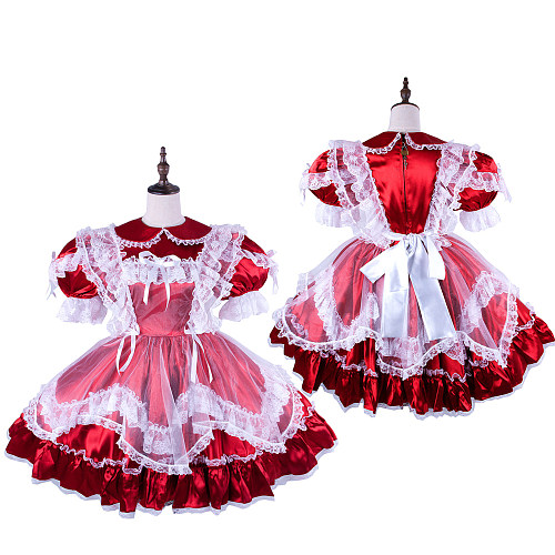 Handmade Sissy Maid Crossdressing Lockable Satin Red Dress Costume [G1581]