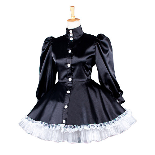 Handmade Satin Sissy Maid Dress – Black Puff Sleeve French Maid Outfit [G1584]