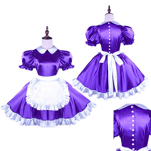 Sissy Maid Purple Satin Dress with White Apron for Crossdressing [G1493]