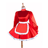 Lockable Sissy Maid Red Satin Dress with White Apron for Crossdressing [G1549]