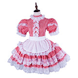 Handmade Sissy Maid Crossdressing Lockable Cotton Red Gingham Dress Costume [G1579]