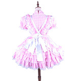 Lockable Sissy Maid Pink Cotton Gingham Dress with White Satin Apron for Crossdressing [G1490]