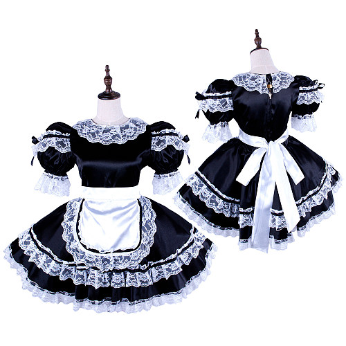 Handmade Sissy Maid Crossdressing Lockable Satin Black and White Dress Costume [G1582]