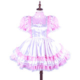 Lockable Sissy Maid Pink Cotton Gingham Dress with White Satin Apron for Crossdressing [G1490]