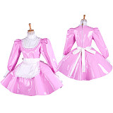 Lockable Sissy Maid Pink Heavy PVC Dress with White Apron for Crossdressing [G1545]