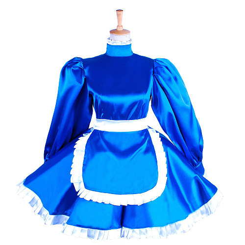Lockable Sissy Maid Blue Satin Dress with White Apron for Crossdressing [G1551]