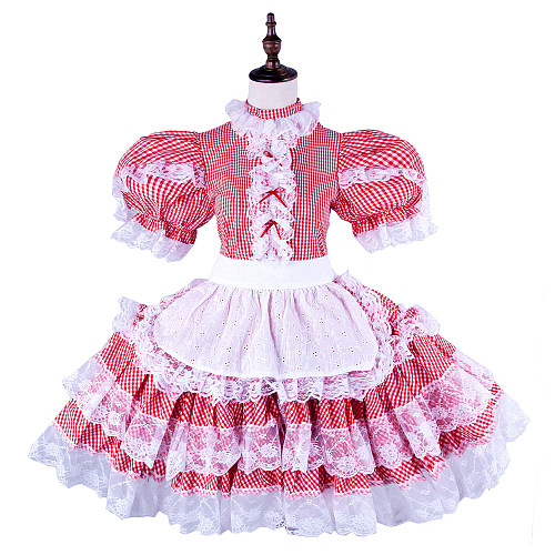Handmade Sissy Maid Crossdressing Lockable Cotton Red Gingham Dress Costume [G1579]