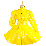 Sissy Maid Yellow Heavy PVC Dress with High Collar and Puff Sleeves for Crossdressing [G1546]