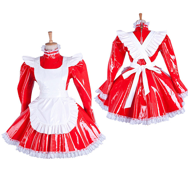 Lockable Sissy Maid Red Heavy PVC Dress with White Apron for Crossdressing [G1548]