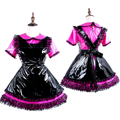 Handmade Sissy Maid Crossdressing Lockable Thin PVC Black and Pink Dress Costume [G1577]