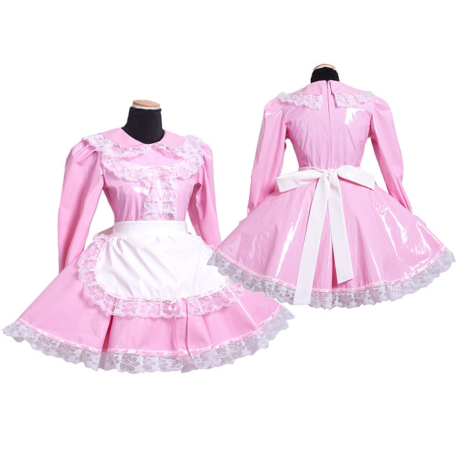 Handmade Sissy Maid Crossdressing Lockable Thin PVC Pink Dress Costume [G1568]