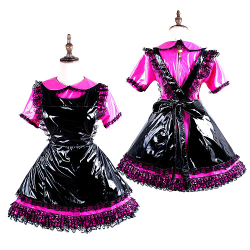 Handmade Sissy Maid Crossdressing Lockable Thin PVC Black and Pink Dress Costume [G1577]