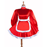 Lockable Sissy Maid Red Satin Dress with White Apron for Crossdressing [G1549]