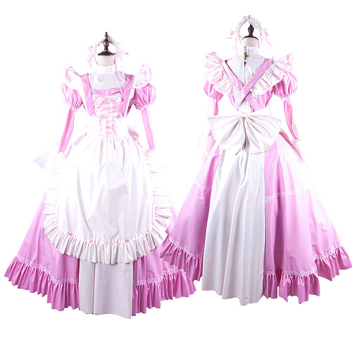 Handmade Sissy Maid Crossdressing Lockable Thin PVC Long Pink and White Dress Costume [G1564]