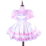 Lockable Sissy Maid Pink Cotton Gingham Dress with White Satin Apron for Crossdressing [G1490]