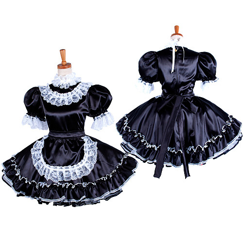 Handmade Sissy Maid Crossdressing Lockable Satin Black and White Dress Costume [G1576]