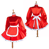 Lockable Sissy Maid Red Satin Dress with White Apron for Crossdressing [G1549]