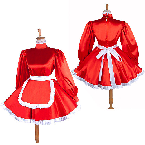 Lockable Sissy Maid Red Satin Dress with White Apron for Crossdressing [G1549]