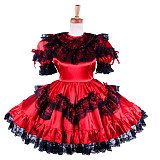 Handmade Lockable Satin Sissy Maid Dress – Red with Black Lace Crossdressing Outfit [G1590]