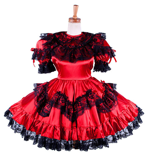 Handmade Lockable Satin Sissy Maid Dress – Red with Black Lace Crossdressing Outfit [G1590]
