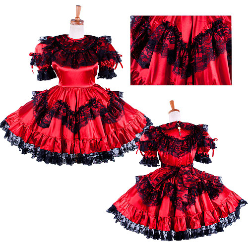 Handmade Lockable Satin Sissy Maid Dress – Red with Black Lace Crossdressing Outfit [G1590]
