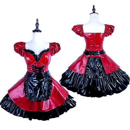 Handmade Sissy Maid Crossdressing Lockable Thin PVC Red and Black Dress Costume [G1578]