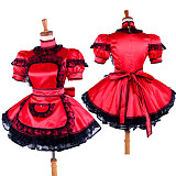 Handmade Lockable Satin Sissy Maid Dress – Red & Black Lace Crossdressing Outfit [G1587]