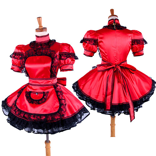 Handmade Lockable Satin Sissy Maid Dress – Red & Black Lace Crossdressing Outfit [G1587]