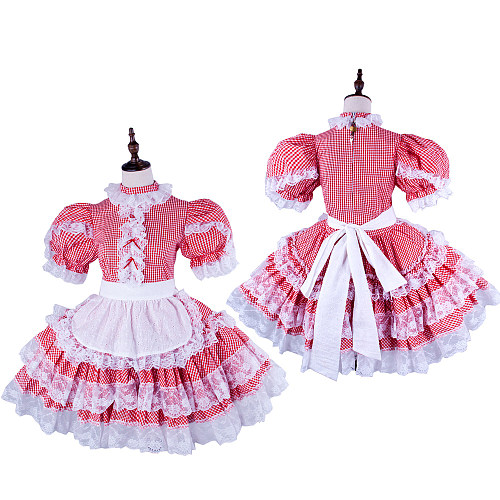 Handmade Sissy Maid Crossdressing Lockable Cotton Red Gingham Dress Costume [G1579]