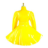 Sissy Maid Yellow Heavy PVC Dress with High Collar and Puff Sleeves for Crossdressing [G1546]