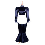 Handmade Lockable Satin Sissy Maid Dress – Black Long Mermaid Style Crossdressing Outfit [G1595]