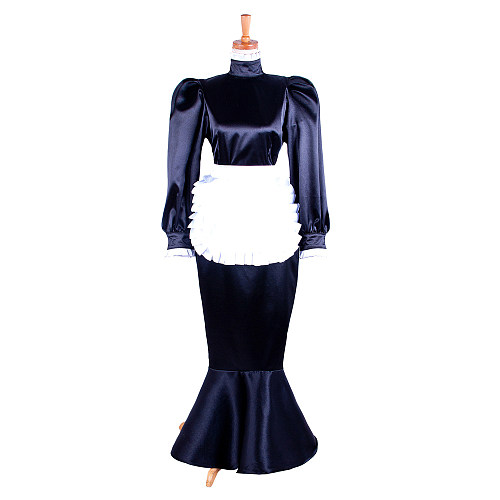 Handmade Lockable Satin Sissy Maid Dress – Black Long Mermaid Style Crossdressing Outfit [G1595]