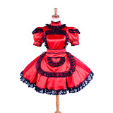 Handmade Lockable Satin Sissy Maid Dress – Red with Black Lace Crossdressing Outfit [G1592]