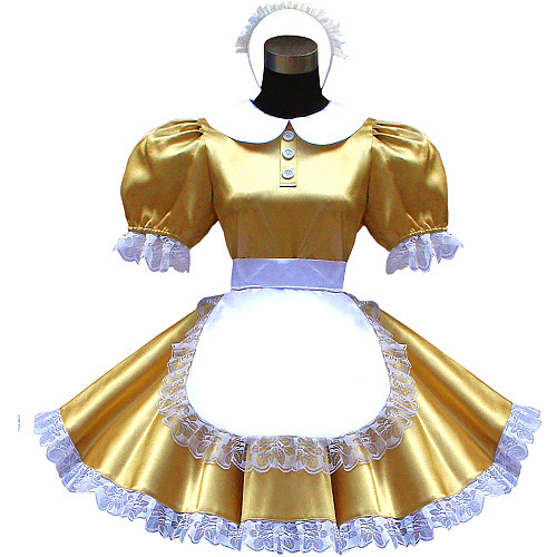 Handmade Lockable Satin Sissy Maid Dress – Gold & White Crossdressing Outfit [G1610]