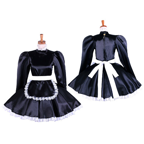 Handmade Lockable Sissy Maid Dress – Black Satin Long Sleeve Crossdressing Costume [G1621]