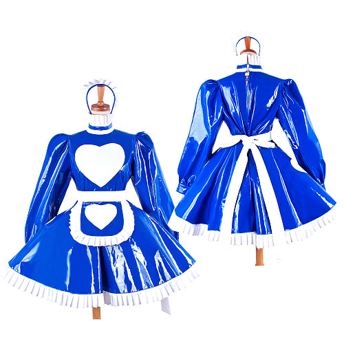 Handmade Lockable Heavy PVC Sissy Maid Dress – Blue & White Heart Crossdressing Outfit [G1594]