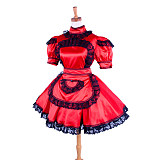 Handmade Lockable Satin Sissy Maid Dress – Red with Black Lace Crossdressing Outfit [G1592]