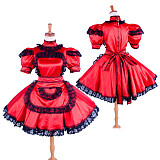 Handmade Lockable Satin Sissy Maid Dress – Red with Black Lace Crossdressing Outfit [G1592]