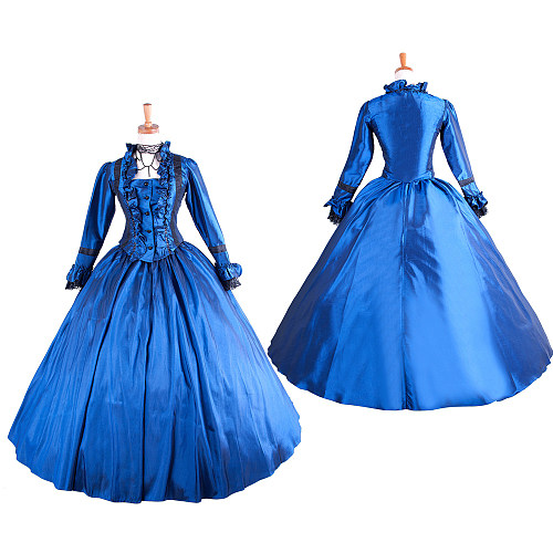 Handmade Victorian Satin Medieval Gown Two-Piece Ball Dress in Royal Blue [G1606]