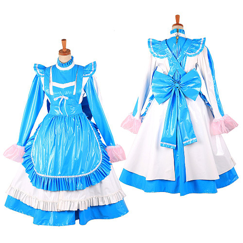 Handmade Lockable Sissy Maid Dress – Blue & White Thin PVC Crossdressing Costume [G1622]