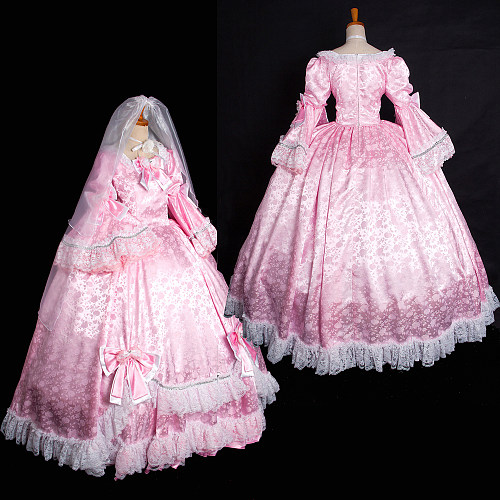 Fondcosplay Medieval Gown Versailles Rose Sissy Maid Princess Dress – Pink Jacquard Crossdressing Long Costume [G1642]