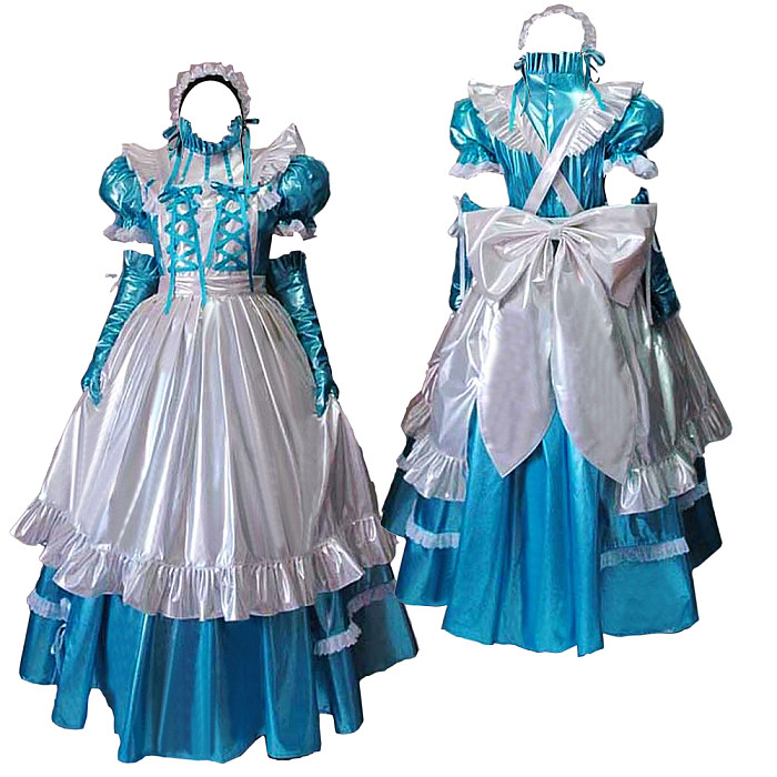 Lockable Sissy Maid Dress for Crossdressing Blue & White PVC Long French Maid Costume Lockable Sissy Maid Dress for Crossdressing Blue & White PVC Long French Maid Costume