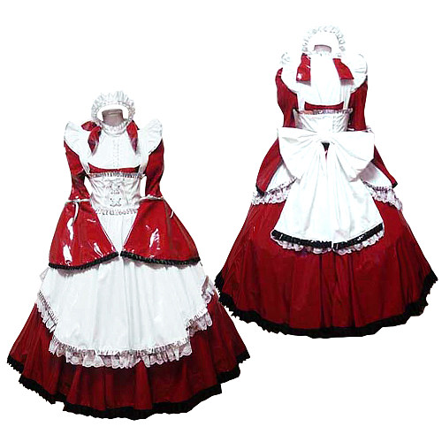 Handmade Lockable Sissy Maid Dress – Red & White Thin PVC Long Crossdressing Costume with Black Trim [G1638]